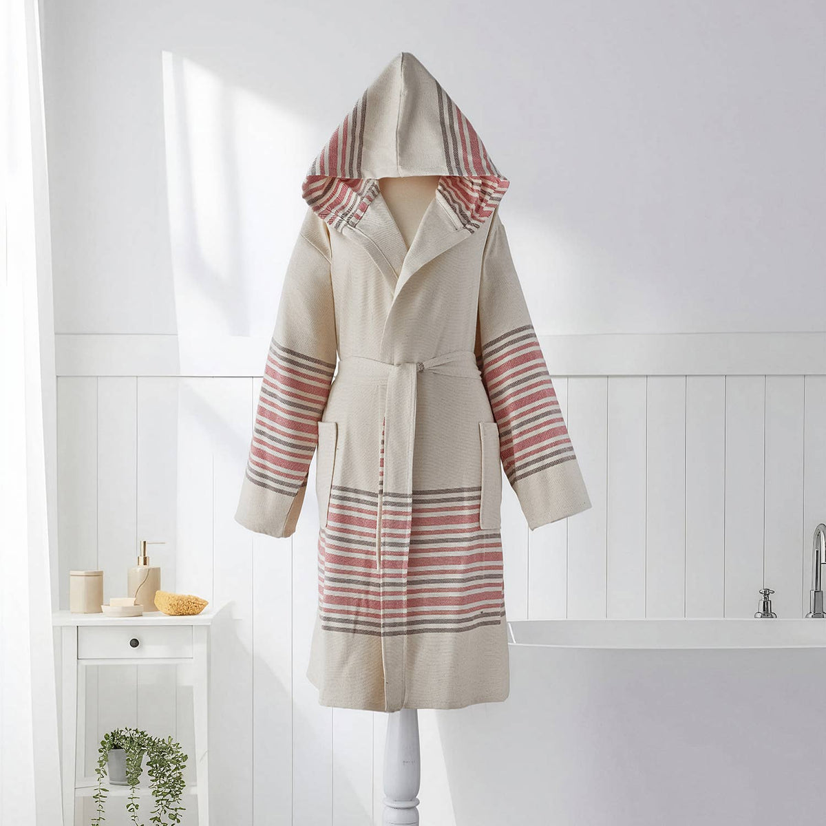Linen-cotton Turkish bathrobe with terracotta stripes – hooded | Kikoya