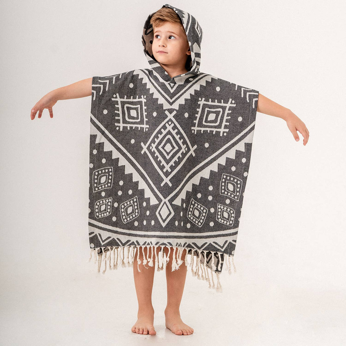 Navajo Kids Hooded Towel Poncho – Tribal, Black | Kikoya