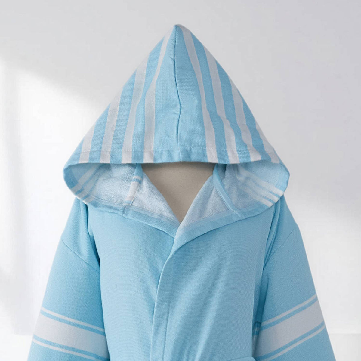 Terry-backed Turkish bathrobe in pastel stripe – hooded | Kikoya