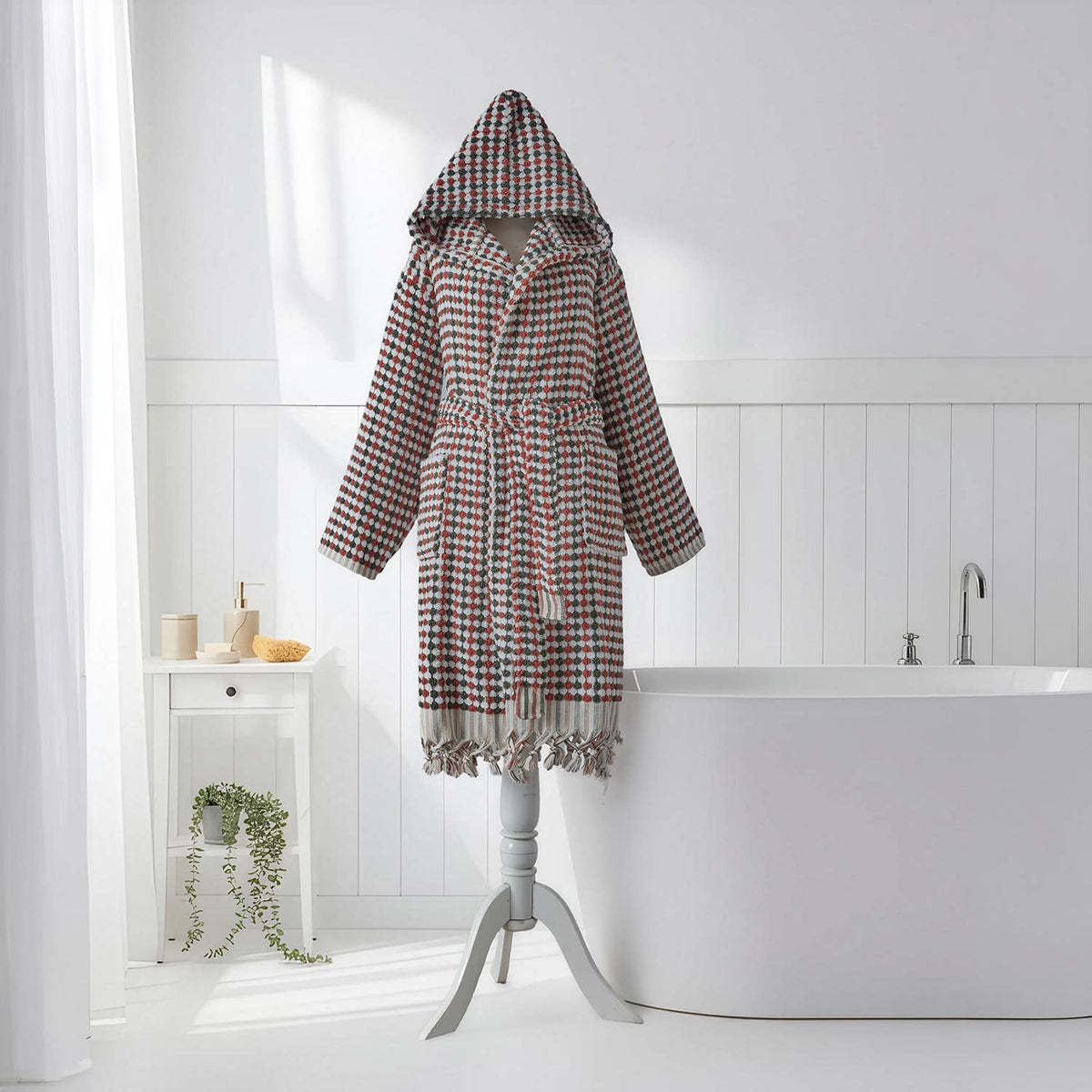 Pompom Turkish bathrobe – Khaki & Brick, Hooded, back view | Kikoya