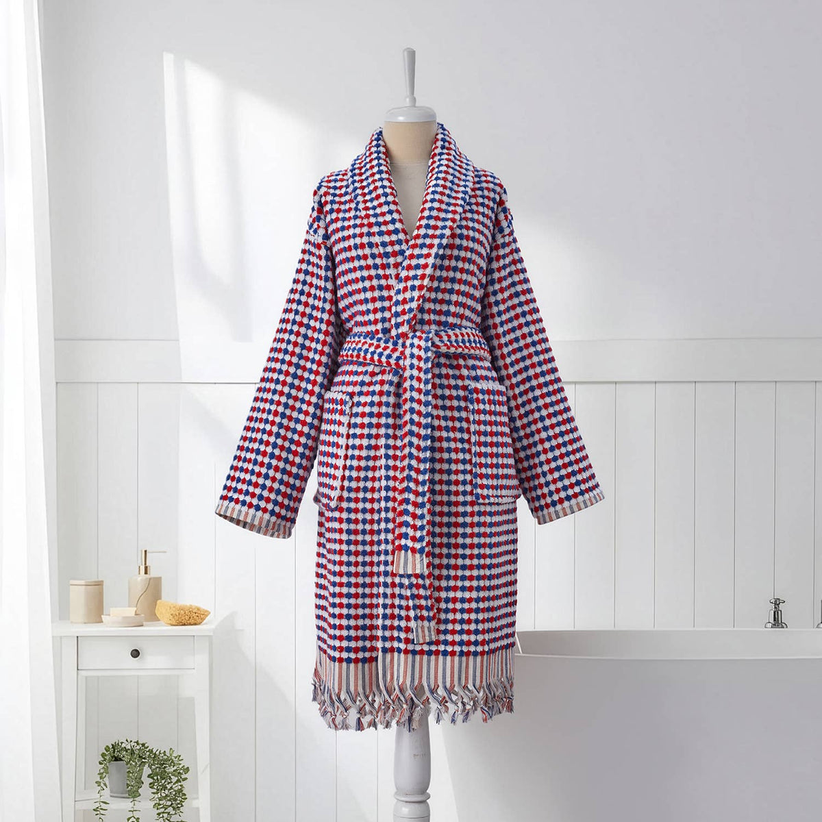Pompom Turkish bathrobe – Navy & Red, Shawl Collar, front view | Kikoya