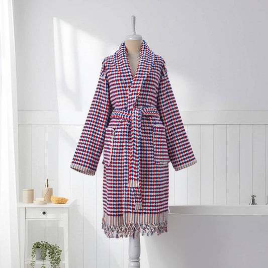 Pompom Turkish bathrobe – Navy & Red, Shawl Collar, front view | Kikoya
