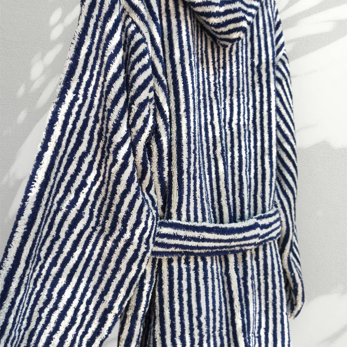 Pompom Turkish bathrobe – Navy & White Stripe, Hooded, belt and pocket detail | Kikoya