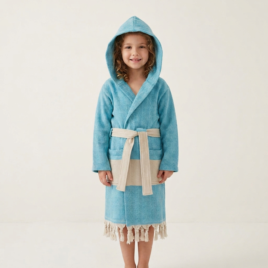 Herringbone kids Turkish cotton bathrobe – hooded, fringed hem | Kikoya
