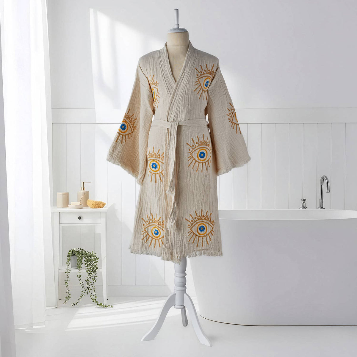 Block-print Turkish cotton kimono robe – Evil Eye Mustard & Blue | Kikoya