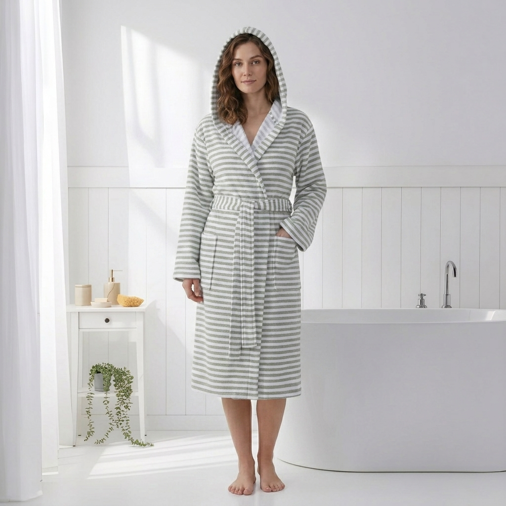 Royal terry-backed Turkish bathrobe – stripe, hooded | Kikoya