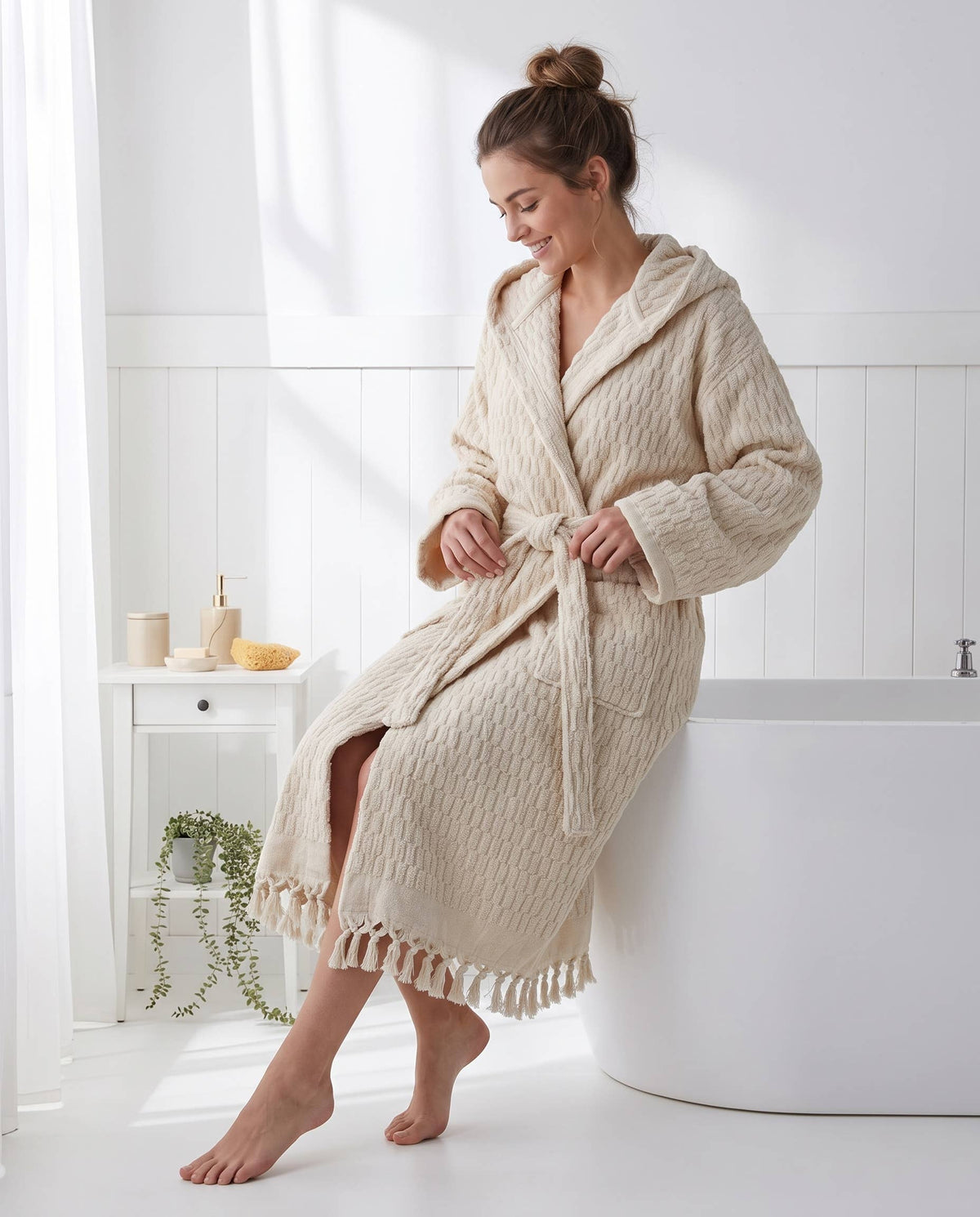 Pompom Turkish bathrobe – Lokum Natural, Hooded, front view | Kikoya