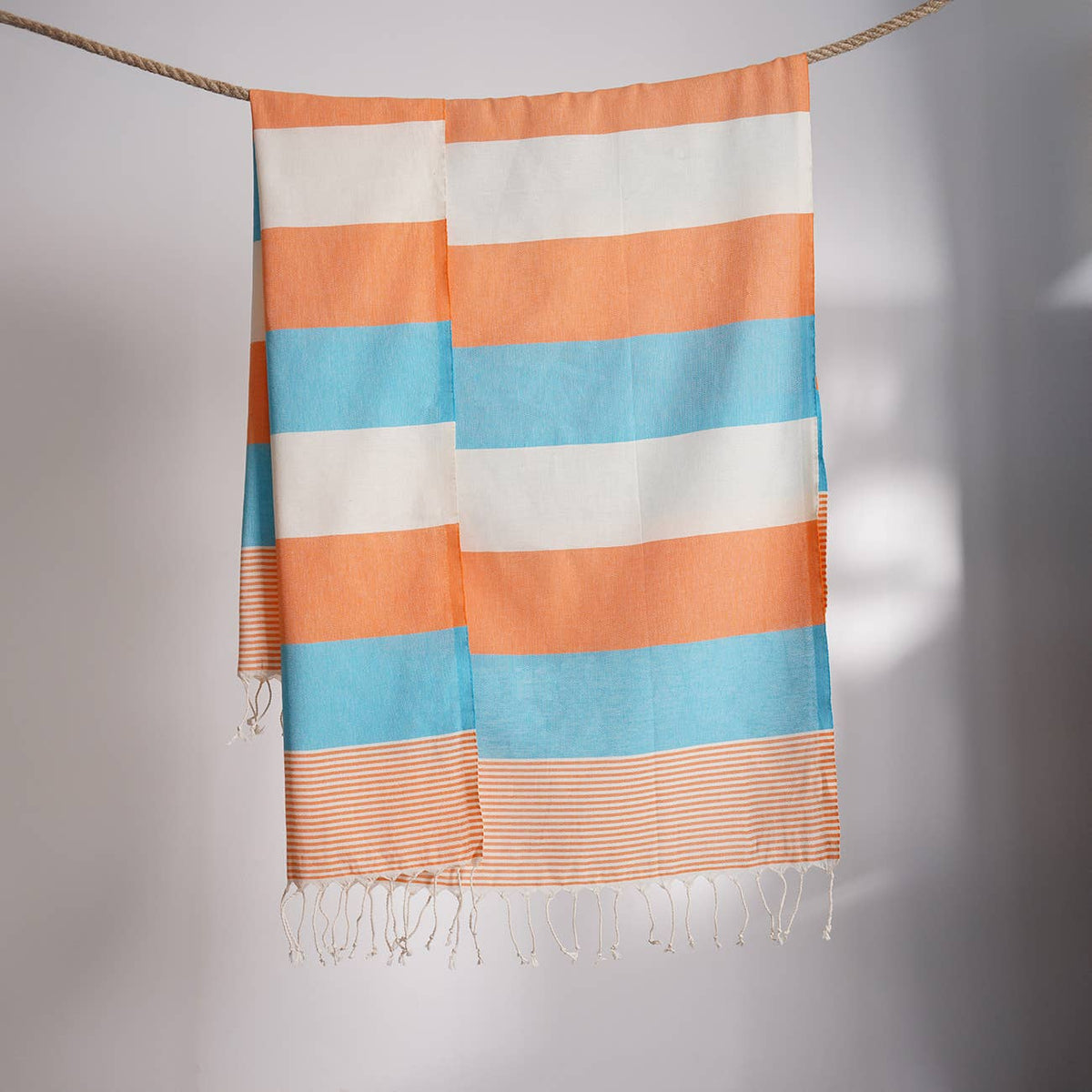 Hawaiian Turkish beach towel in orange and turquoise block stripes on cream, 35x70 in | Kikoya