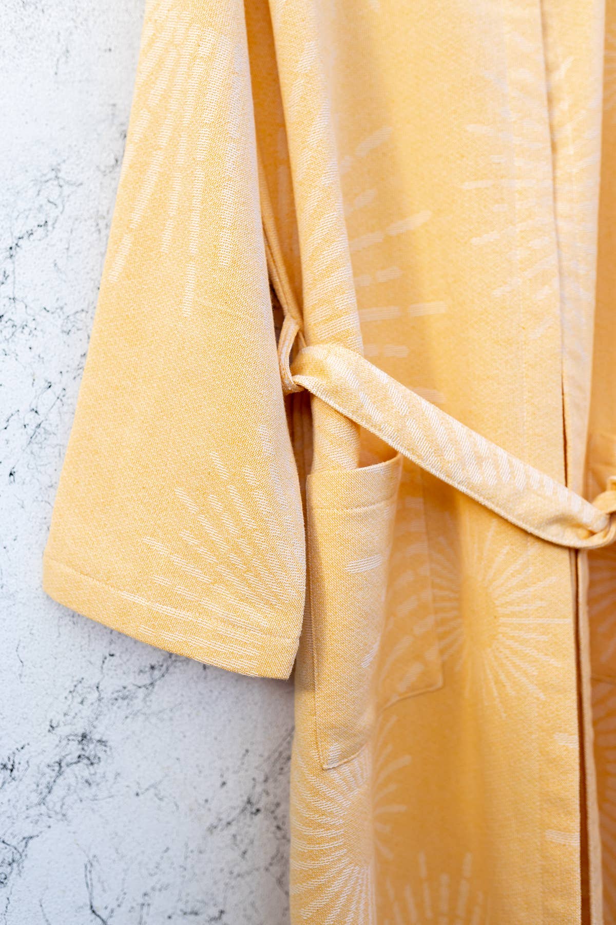 Sunburst terry-backed Turkish bathrobe, hooded, mustard | Kikoya
