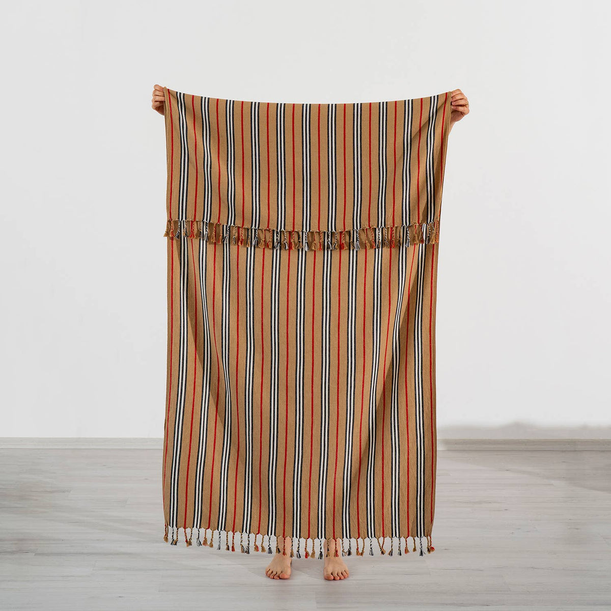Hammam multi stripe Turkish towel in rust and blue, 33x66 in, flat-woven | Kikoya