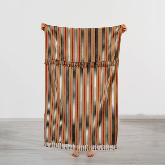 Hammam multi stripe Turkish towel in rust and blue, 33x66 in, flat-woven | Kikoya