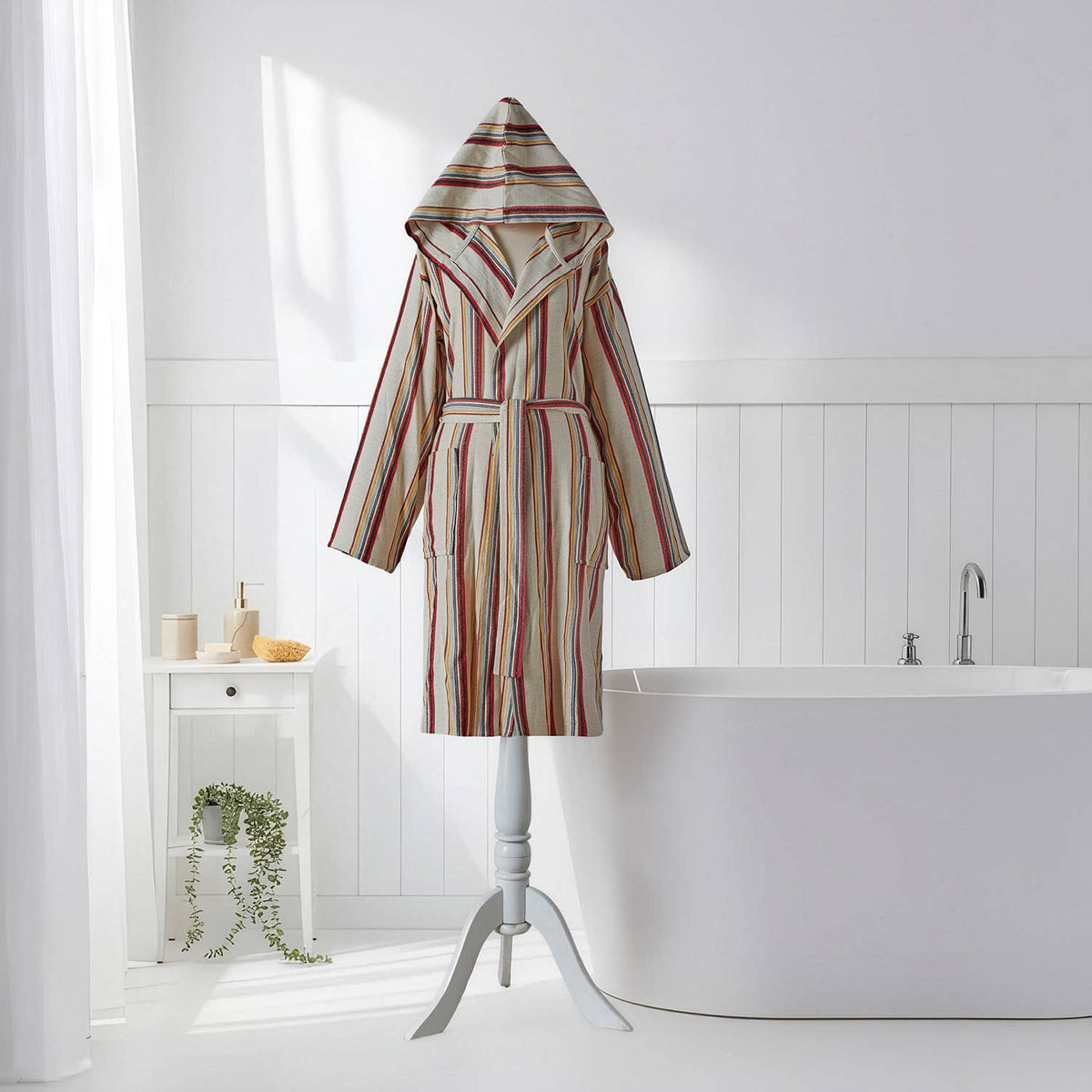 Rainbow linen-cotton Turkish bathrobe – stripe, hooded | Kikoya