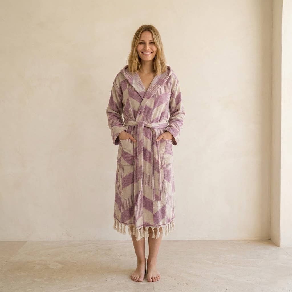 Herringbone raised terry Turkish bathrobe, hooded | Kikoya