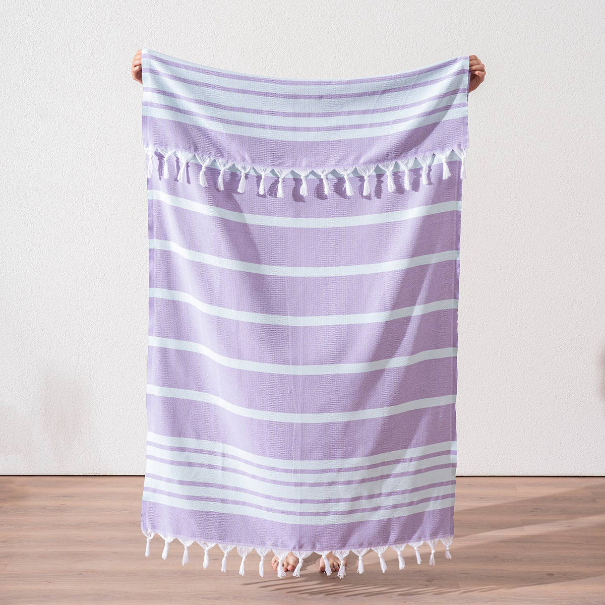 Luxe Herringbone Turkish towel – Lilac/Mint, lilac with mint stripes | Kikoya
