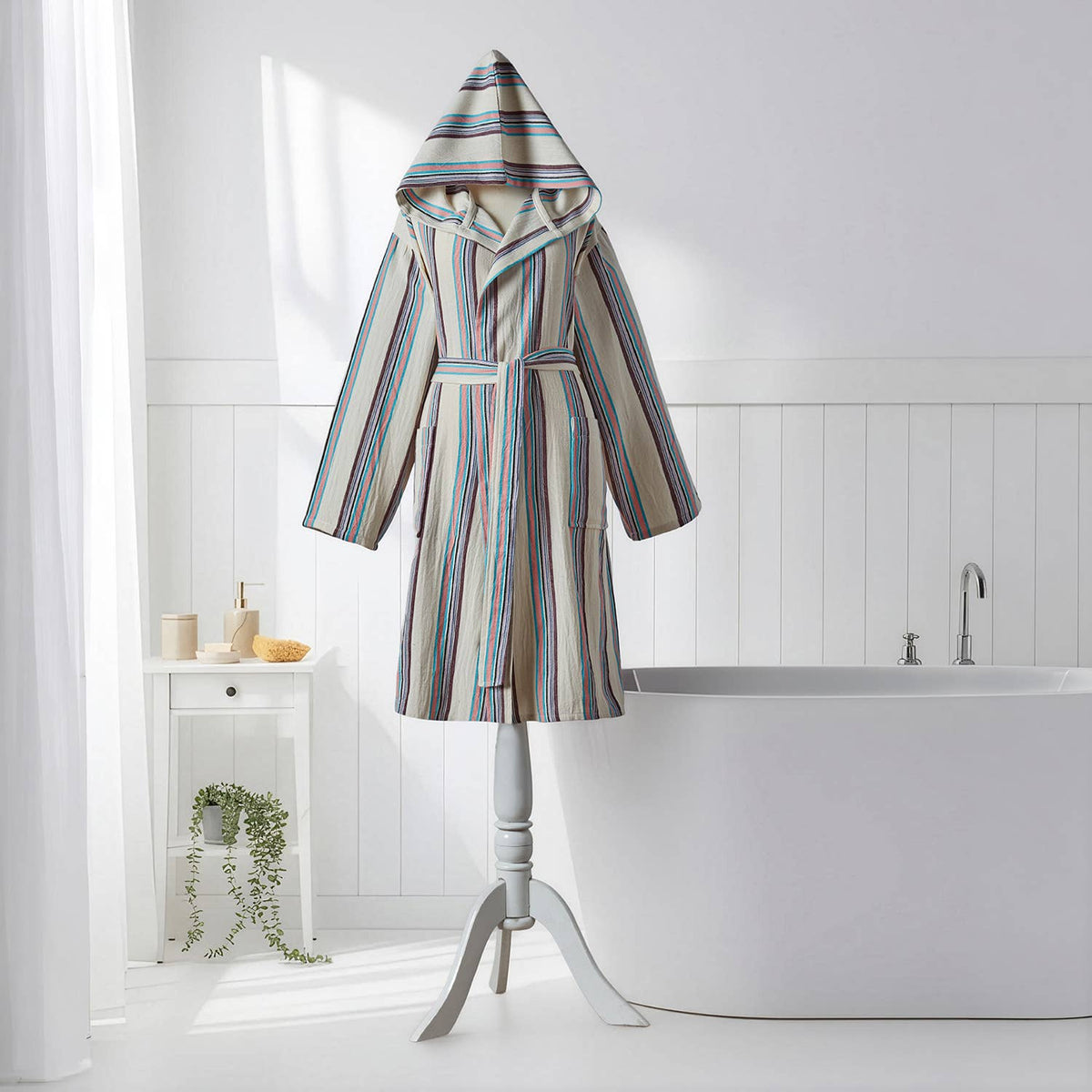 Antique Turkish hooded bathrobe – Sage Stripe | Kikoya