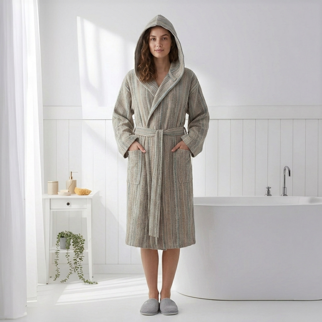 Textured Turkish cotton bathrobe in sand – hooded | Kikoya