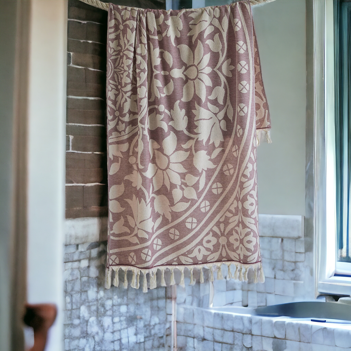 Mandala Turkish terry towel with a large woven medallion, 36x66 in | Kikoya