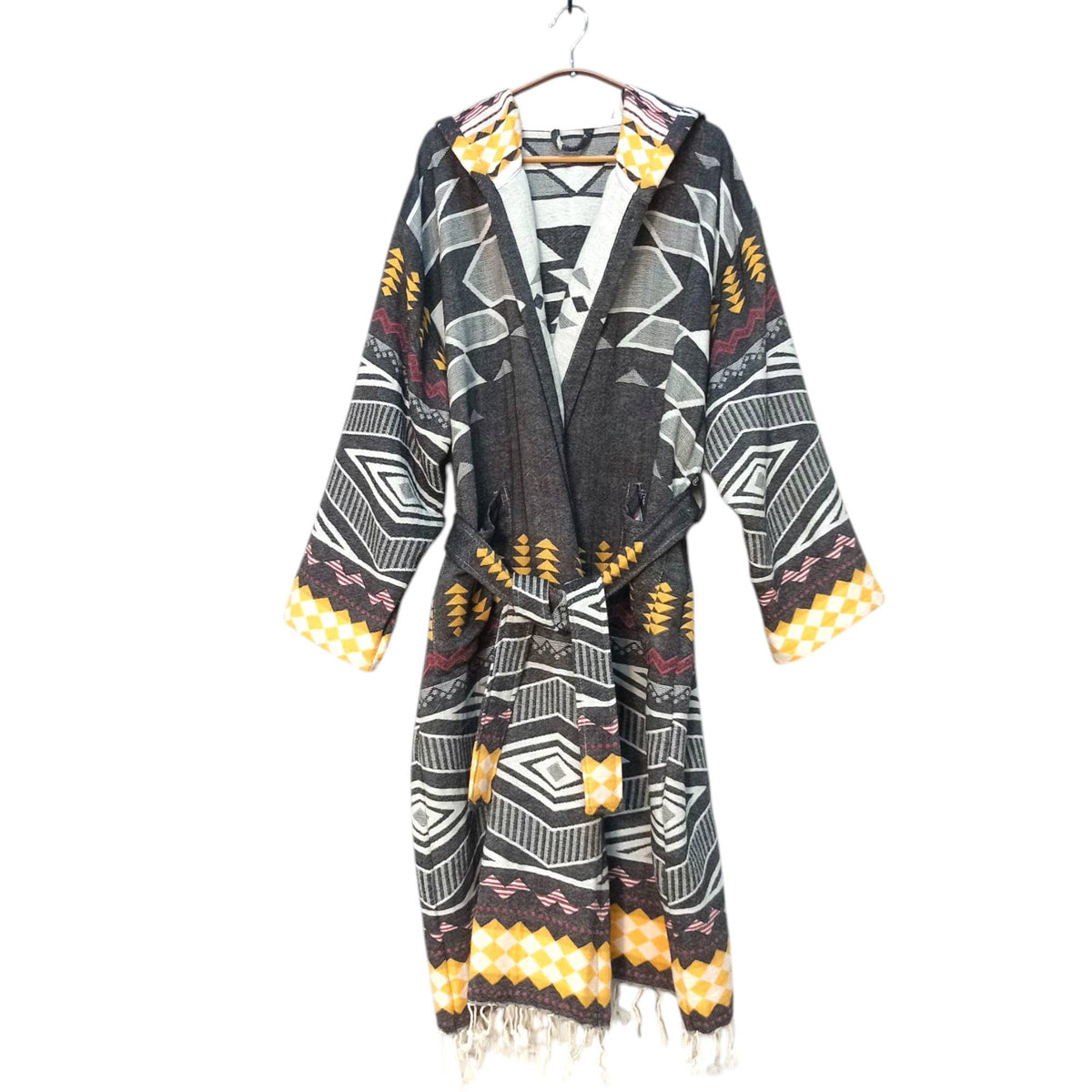 Tribal flat-woven Turkish bathrobe in black & white – kimono, pompom trim | Kikoya