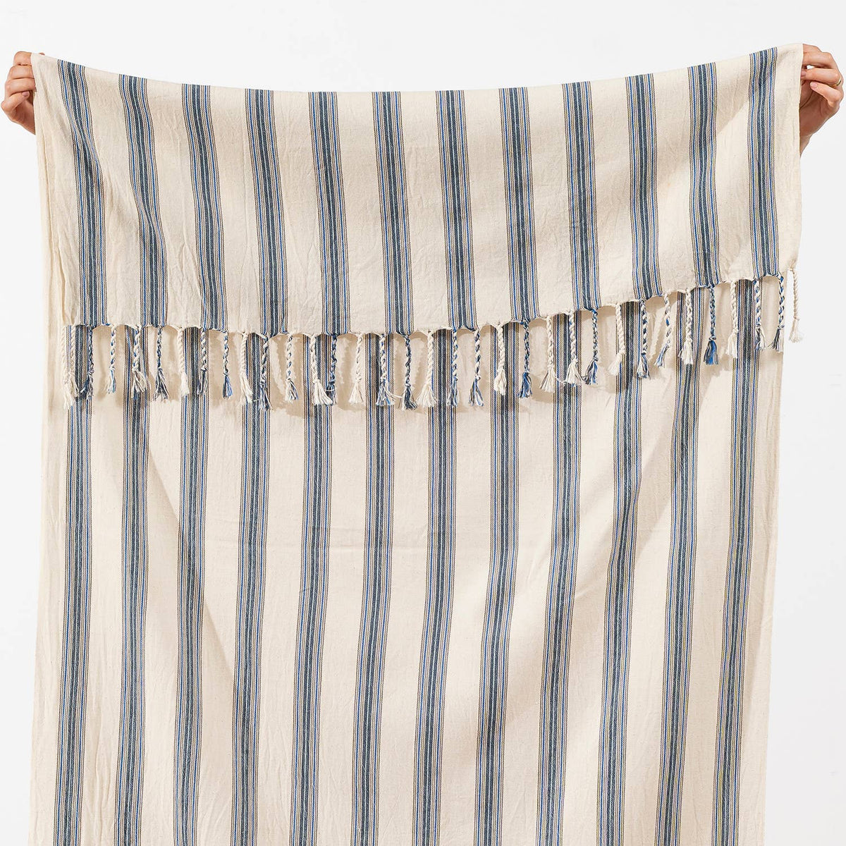Denim Ticking Stripe Turkish towel, woven texture close-up | Kikoya