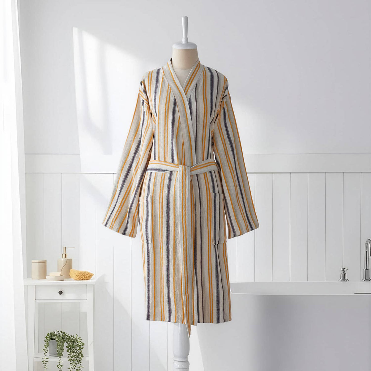 Multi stripe Turkish bathrobe in mustard & blue – kimono | Kikoya