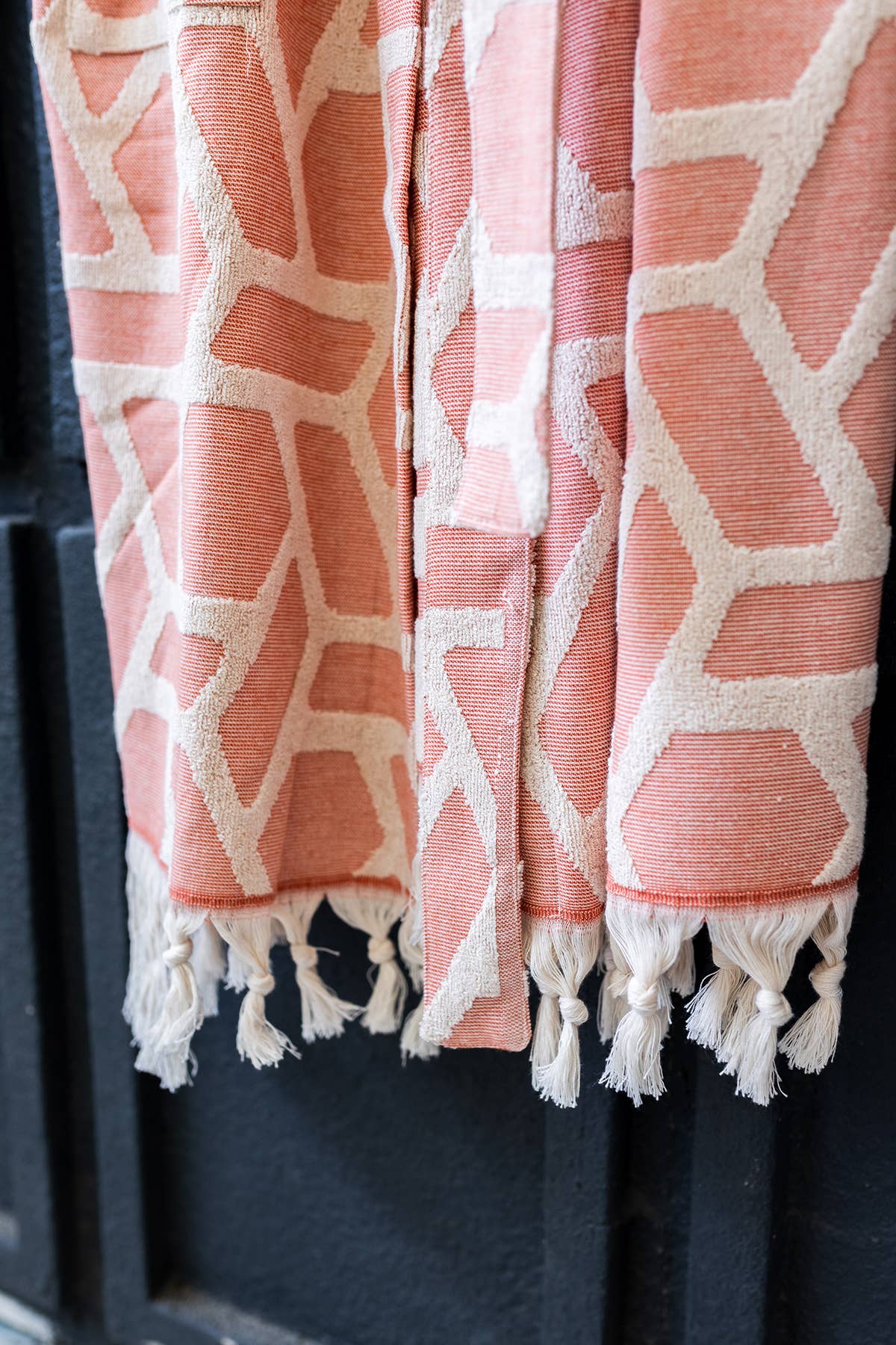 Aztec raised terry Turkish bathrobe in dusty rose, hooded | Kikoya