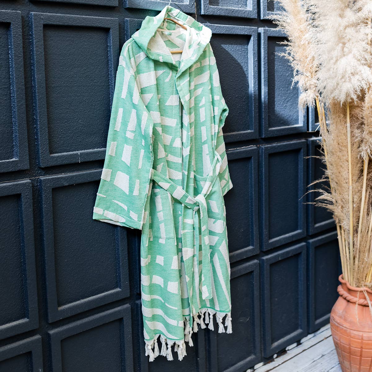 Fronds raised terry Turkish bathrobe, hooded, palm-frond jacquard | Kikoya
