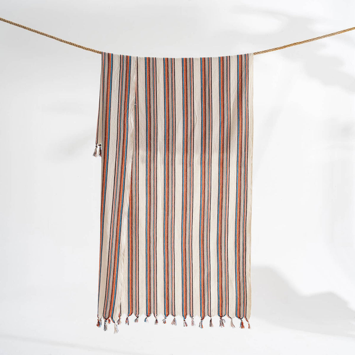 Multi stripe Turkish peshtemal towel with twisted tassels, bath and hand sizes | Kikoya