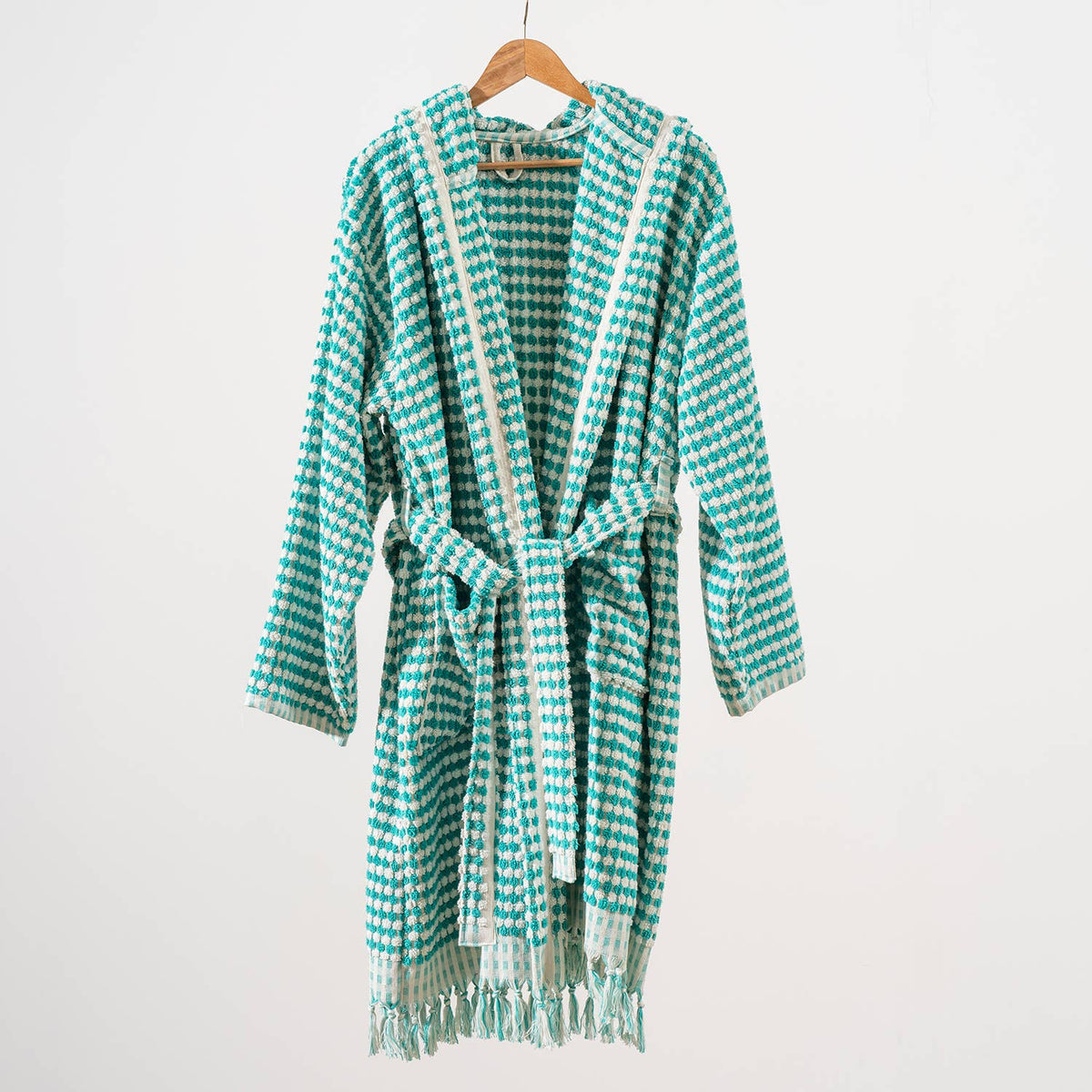 Pompom Turkish bathrobe – Green & White, Hooded, lifestyle view | Kikoya