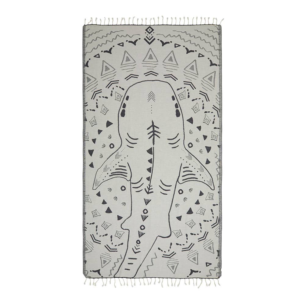 Shark jacquard Turkish beach towel, 35x70 in, flat-woven with knotted fringe | Kikoya