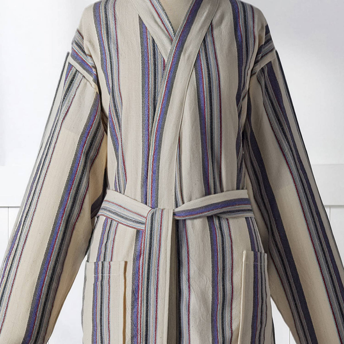 Multi stripe Turkish bathrobe in grey & blue – kimono | Kikoya