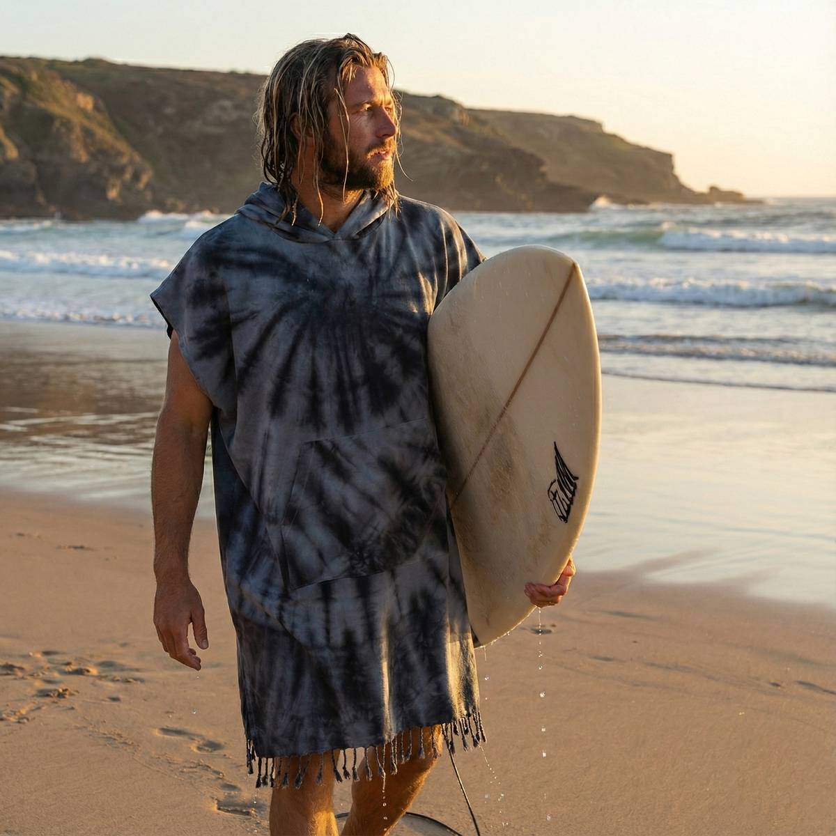 Silver Adult Hooded Changing Poncho – Grey Tie-dye, styled view | Kikoya