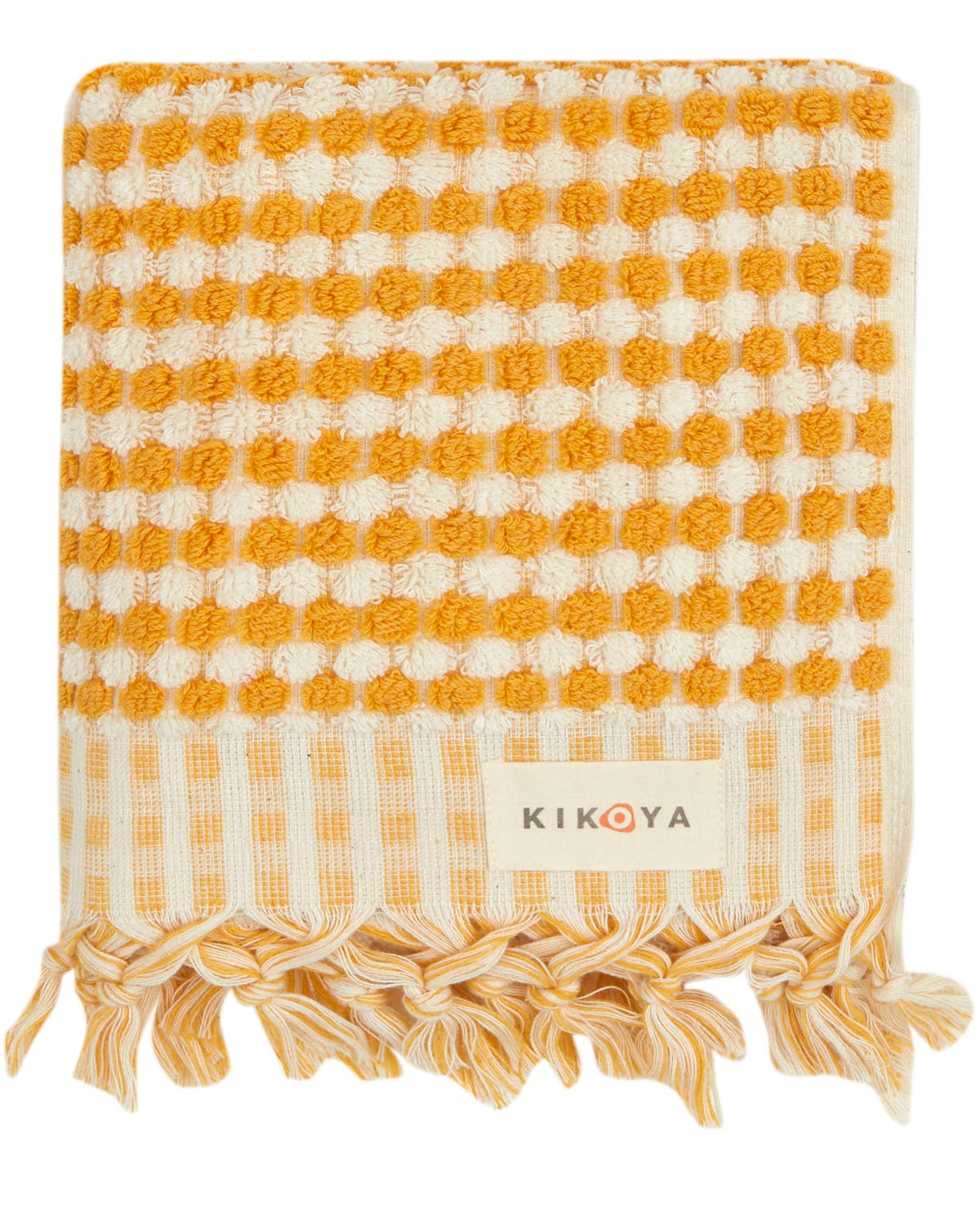Pompom handloomed Turkish hand towel, 17x38 in, raised bubble weave with pompom fringe | Kikoya