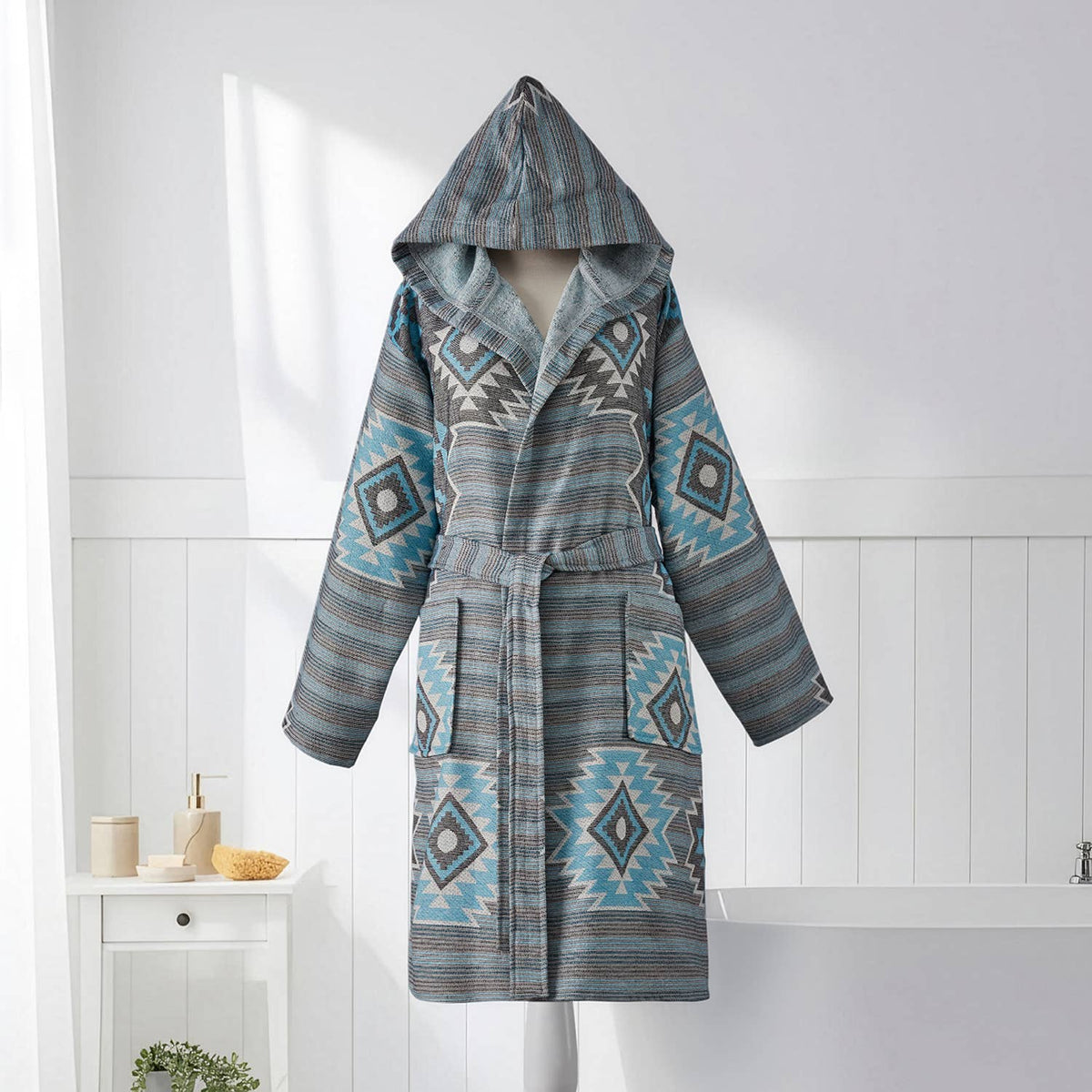 Kilim terry-backed Turkish bathrobe – hooded, multicolor | Kikoya