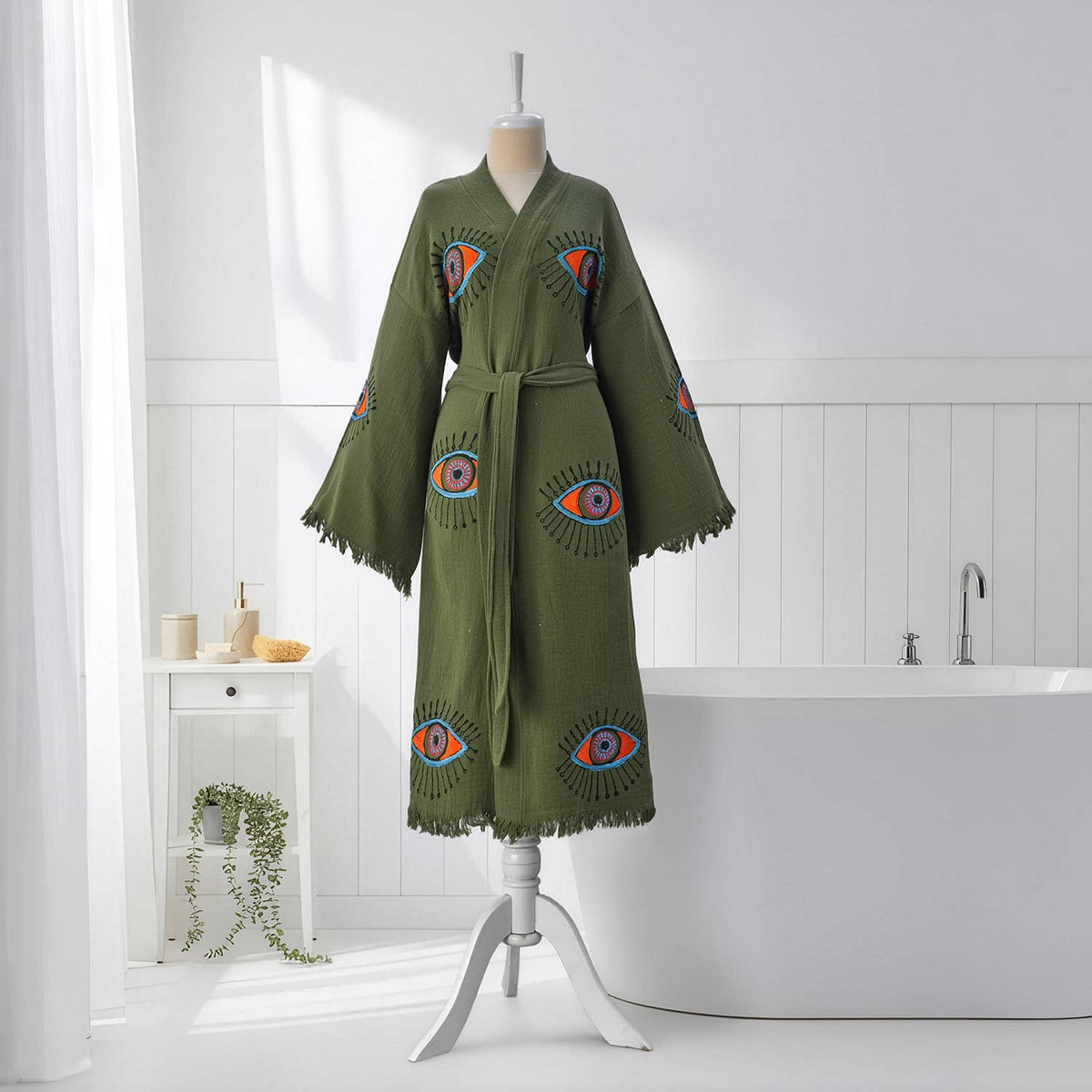 Block-print Turkish cotton kimono robe – Evil Eye Olive Green | Kikoya