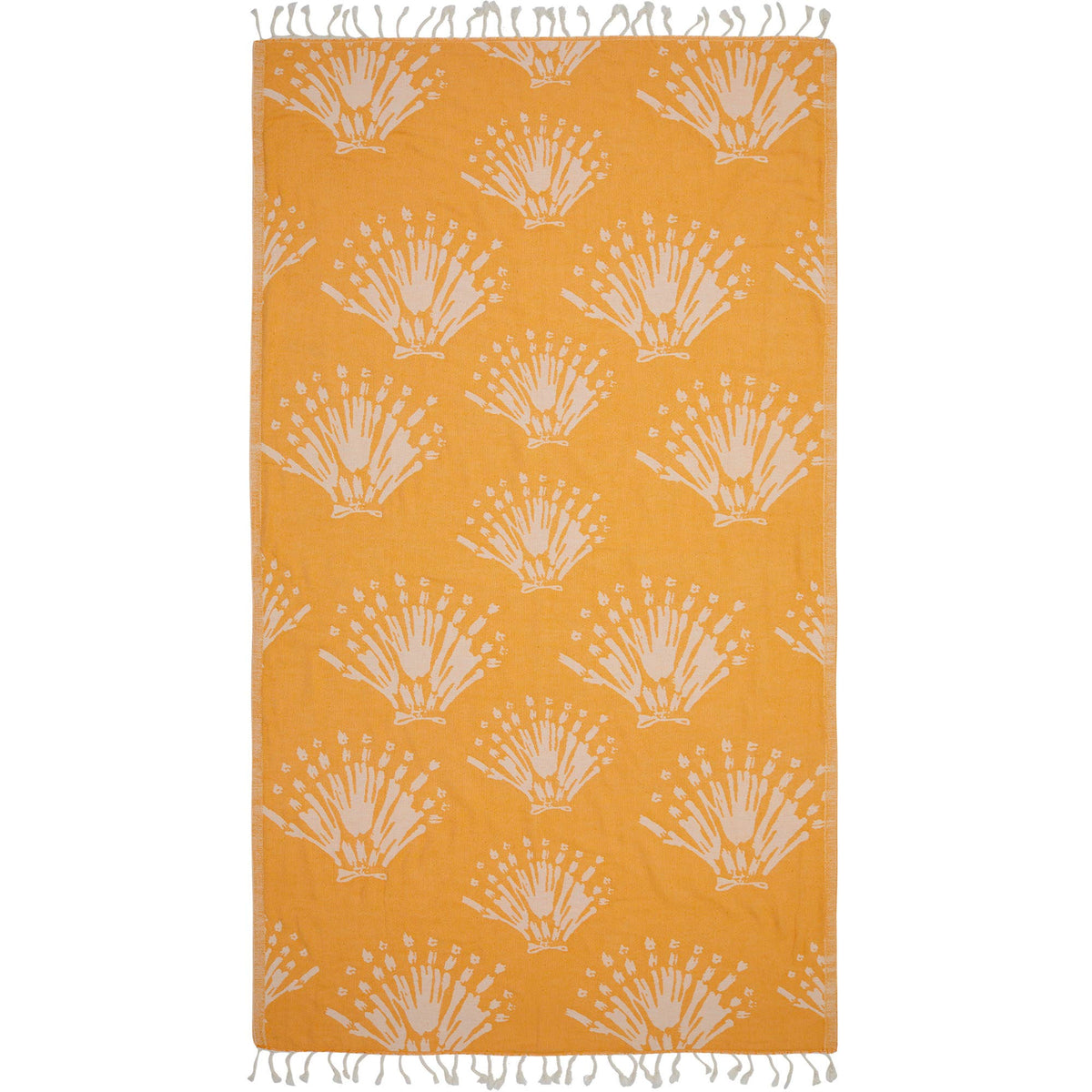 Seashell jacquard Turkish beach towel, 35x70 in, flat-woven with knotted fringe | Kikoya