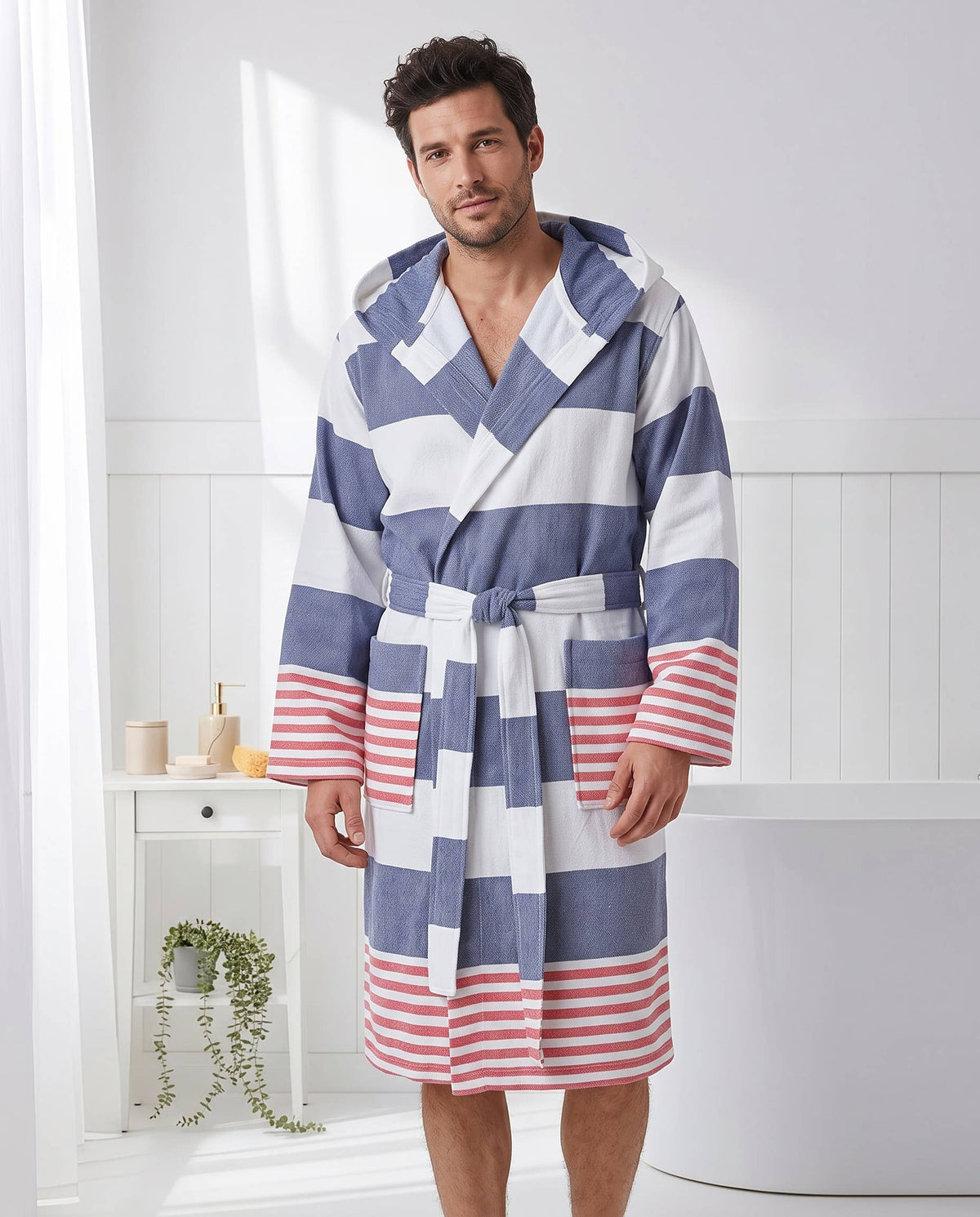 Mediterranean flat-woven Turkish hooded bathrobe – Navy & Red, styled view | Kikoya