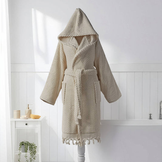 Pompom Turkish bathrobe – Natural, Hooded, front view | Kikoya