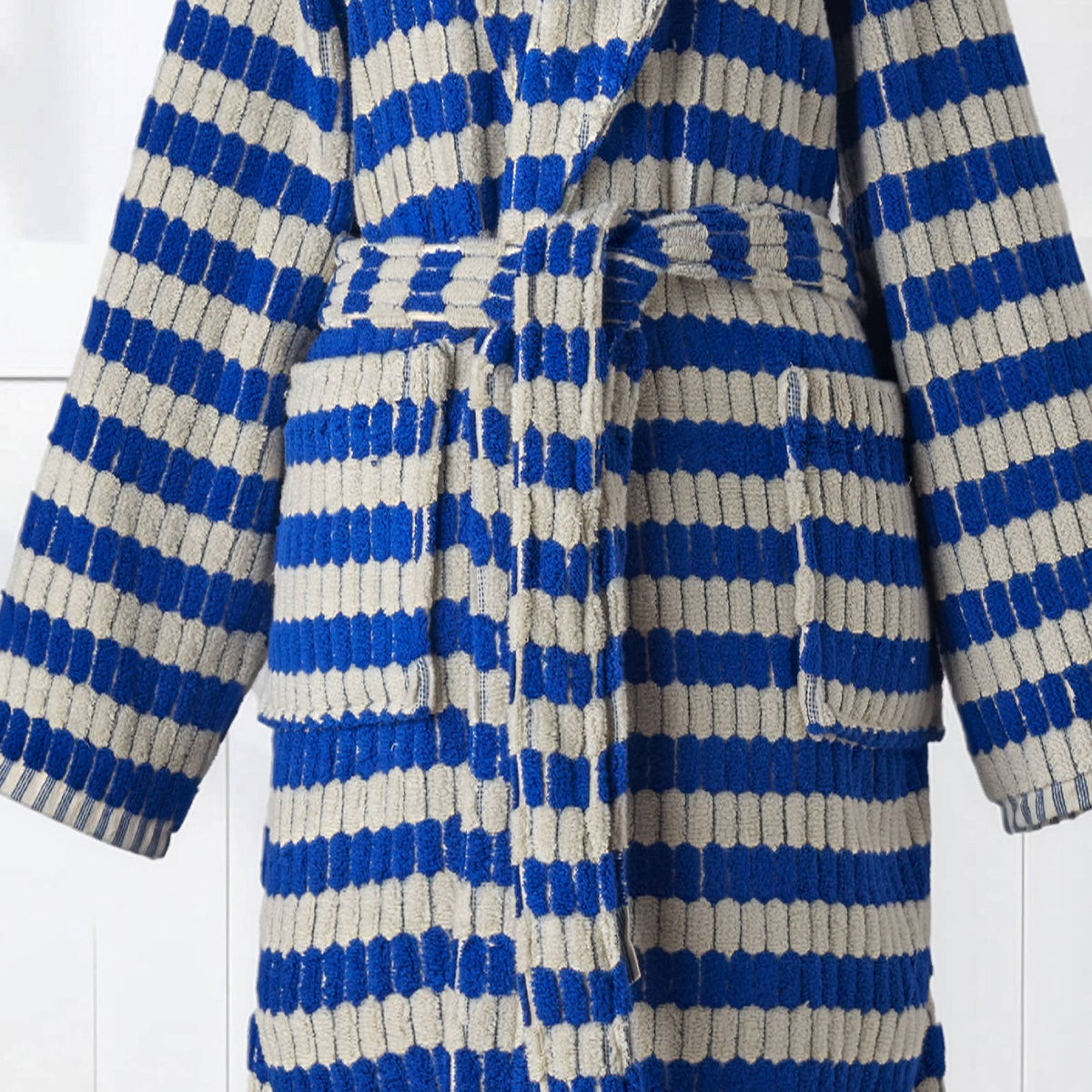 Pompom Turkish bathrobe – Lokum Blue, Shawl Collar, belt and pocket detail | Kikoya