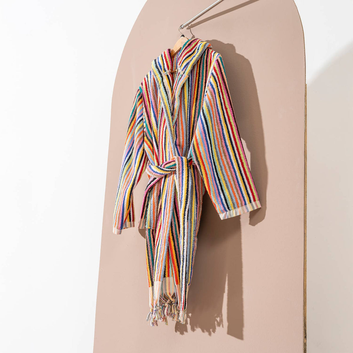 Pompom Turkish bathrobe – Multicolor Pinstripe, Hooded, front view | Kikoya