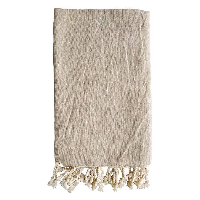 Linen-cotton Turkish towel with tonal stripe band and tassels, 33x67 in | Kikoya