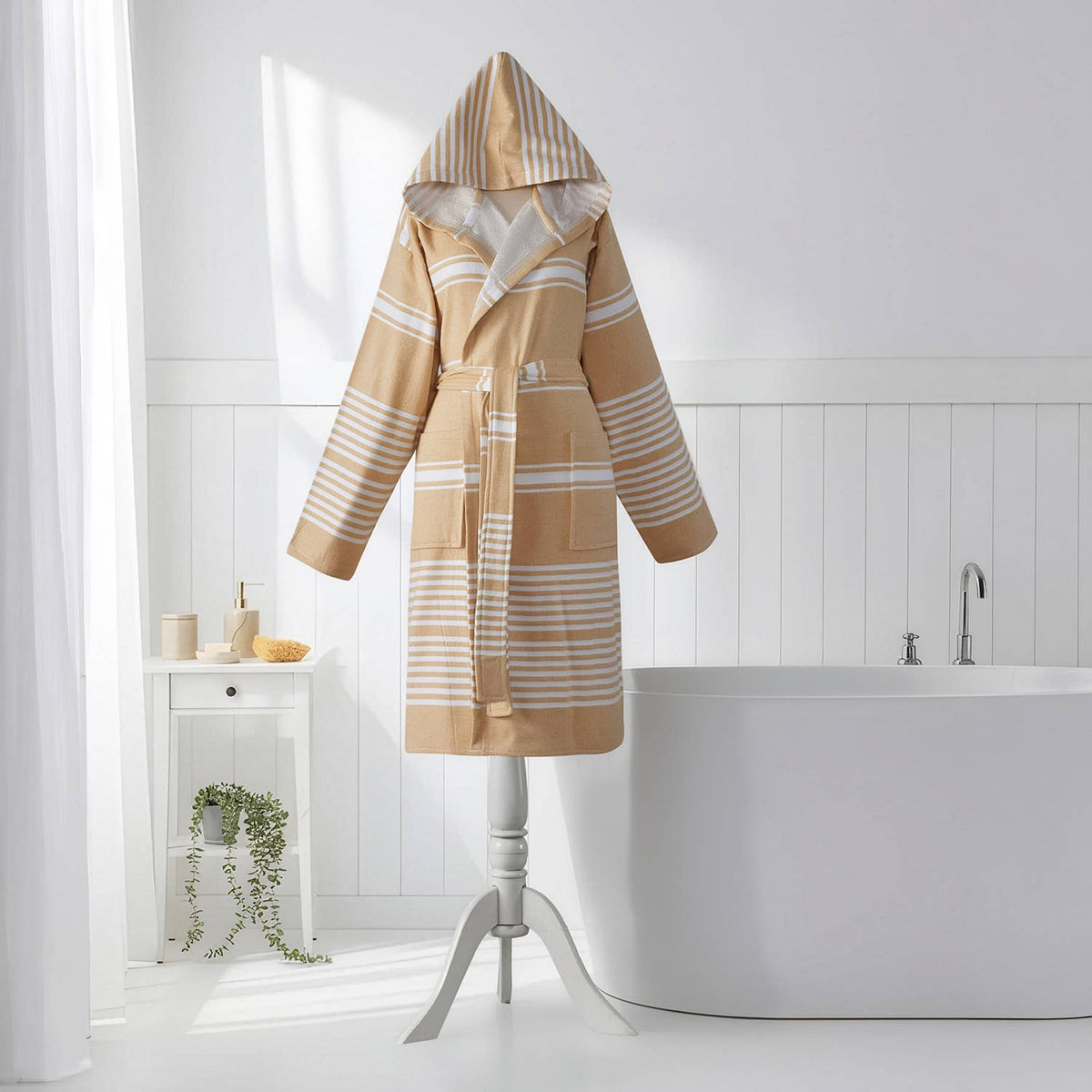 Wide stripe terry-backed Turkish bathrobe – hooded | Kikoya