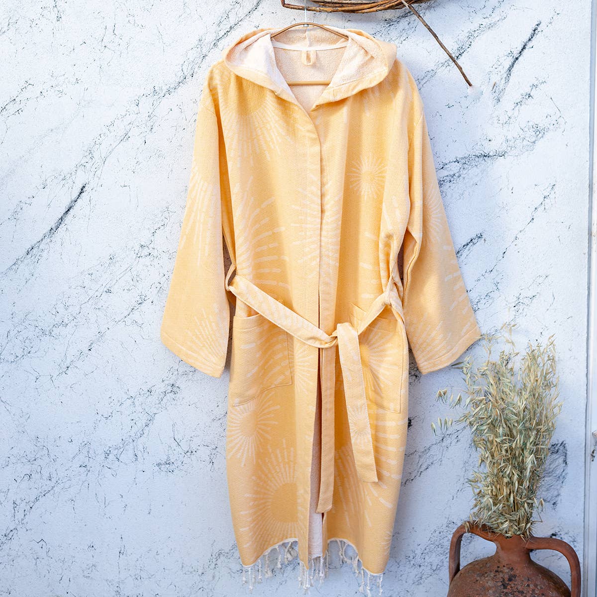 Sunburst terry-backed Turkish bathrobe, hooded, mustard | Kikoya