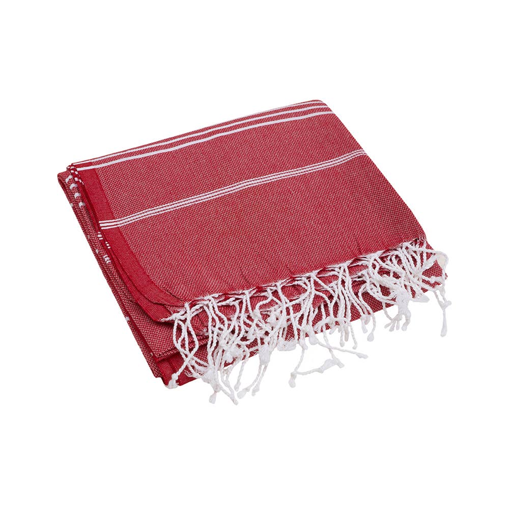 Sultan Turkish beach towel – Red, folded with knotted fringe | Kikoya