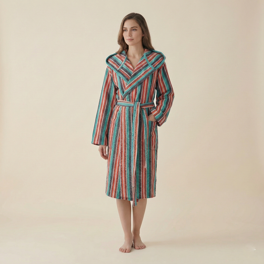 Multi stripe Turkish bathrobe in teal & coral – hooded | Kikoya