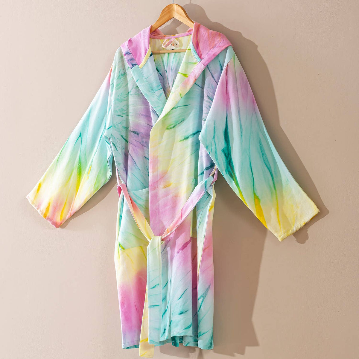 Hand tie-dyed Turkish cotton bathrobe – hooded, belted | Kikoya