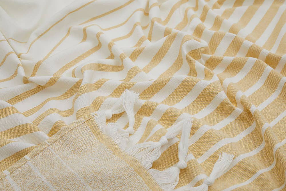 Paradiso terry-backed Turkish towel in two-tone stripe with tassel fringe, 35x70 in | Kikoya