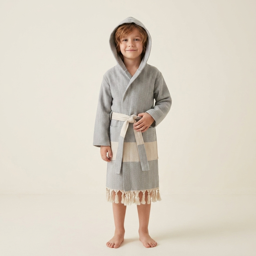 Herringbone kids Turkish cotton bathrobe – hooded, fringed hem | Kikoya