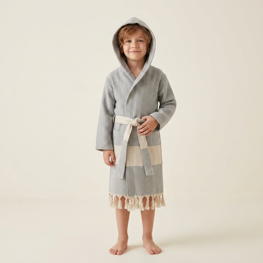 Herringbone kids Turkish cotton bathrobe – hooded, fringed hem | Kikoya