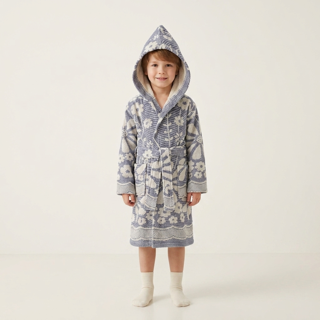 Daisy kids Turkish bathrobe – floral jacquard, hooded, ages 5-8 | Kikoya
