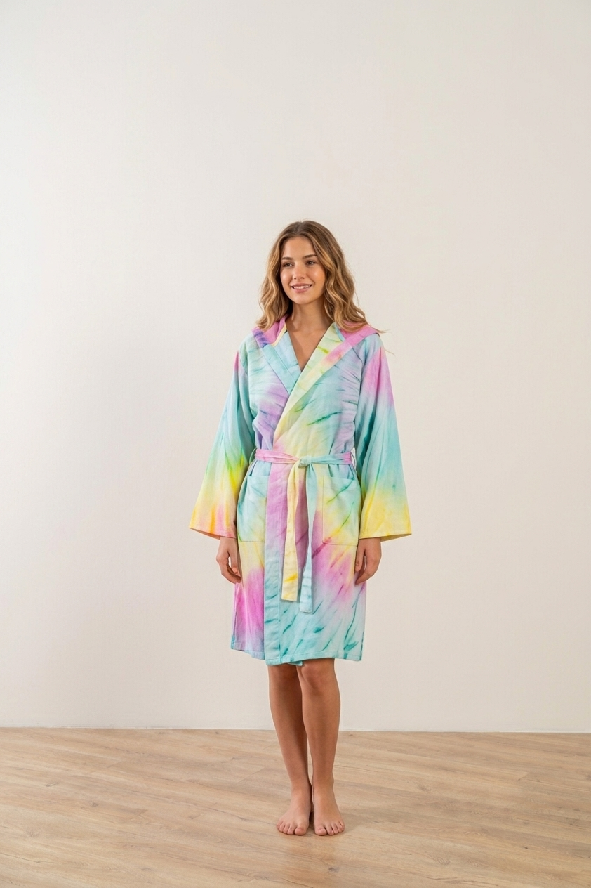 Hand tie-dyed Turkish cotton bathrobe – hooded, belted | Kikoya